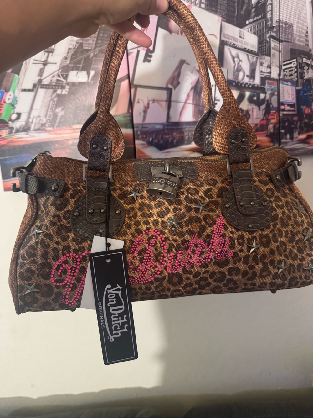 NWT Von Dutch Leopard Rhinestone Y2K Bowler Bag